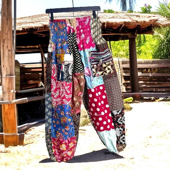 Patchwork Multicolor Joggers Style Pants One Size Boho Hippie Smoked Harem - Picture 11 of 11